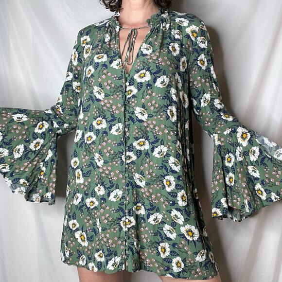 Free People Dresses & Skirts - Free People magic mystery tunic mini dress green floral bell sleeve top tie neck